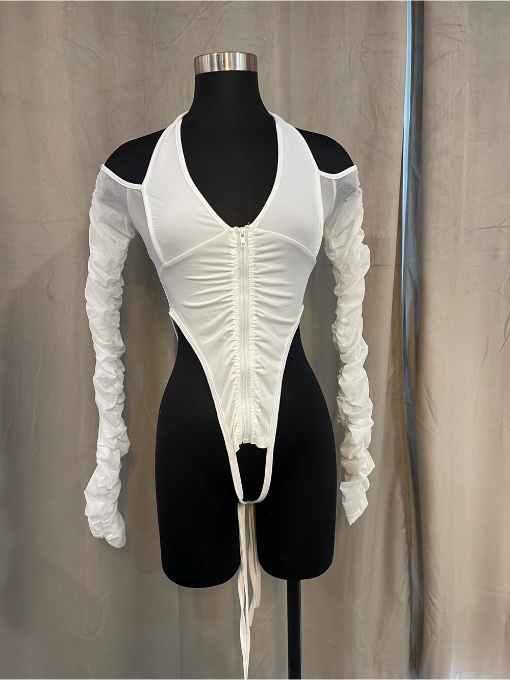 White Cold-Shoulder Zip-Front Bodysuit with Ruched Mesh Sleeves